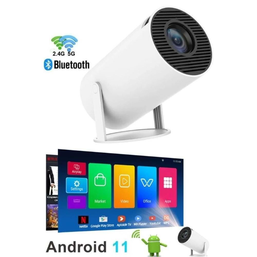 Torima HY300 Beyaz Taşınabilir Sinema Projektörü 1280 * 720P Ev Sineması Bluetooth Android 11 Akıllı Projeksiyon Wifi