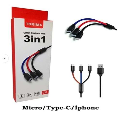 Torima U35 3A 3in1 (Micro-Type-c-iPhone) 1.2 M Hızlı Şarj ve Data Kablosu