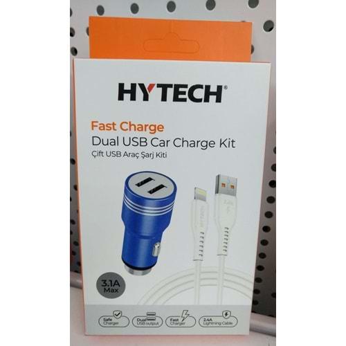 Hytech HY-X68L 3.1 Amper Lightning Kablolu 2 Usb Girişli Mavi Metal Araç Şarj Cihazı
