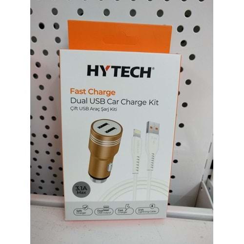 Hytech HY-X68L 3.1 Amper Lightning Kablolu 2 Usb Girişli Gold Metal Araç Şarj Cihazı