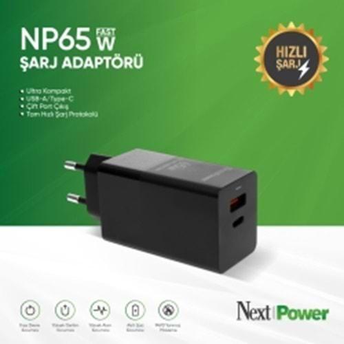 Next Power NP65 65 Watt USB-A/Type-C Çift Port Çıkış Hızlı Şarj Adaptörü