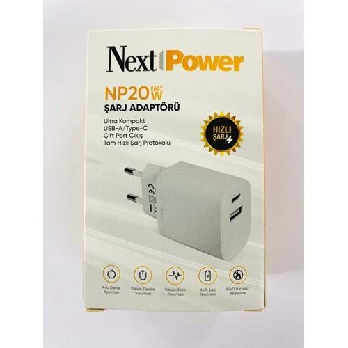 Next Power NP20 20 Watt USB-A/Type-C Çift Port Çıkış Hızlı Şarj Adaptörü