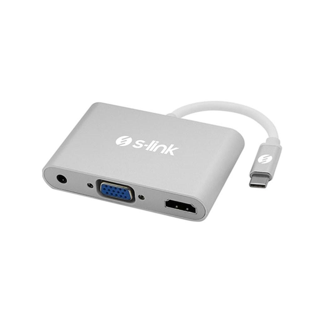 S-link SL-USB-C58 USB3.1 Metal to VGA+HDMI 4K*2K+3.5 Jack Çevirici
