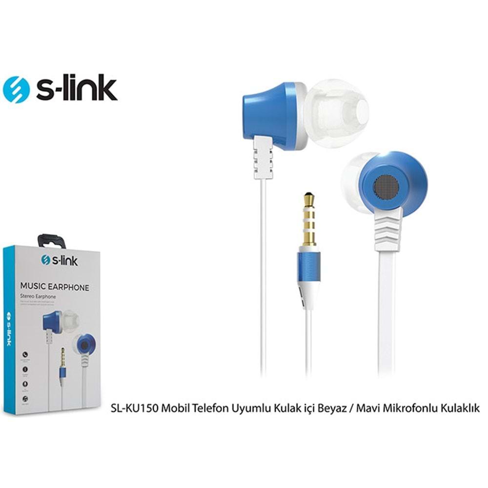 S-link SL-KU150 Mobil Telefon Uyumlu Taşıma Çantalı Kulak içi Beyaz/Mavi Mikrofonlu Kulaklık