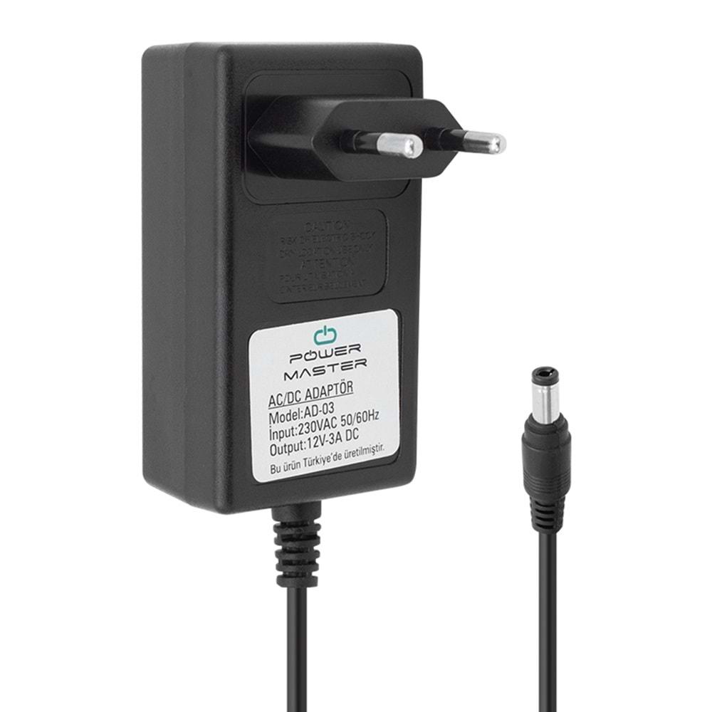 Powermaster PM-12667 12 Volt 3 Amper 5.5mm x 2.5mm Plastik Kasa Priz Tipi Adaptör