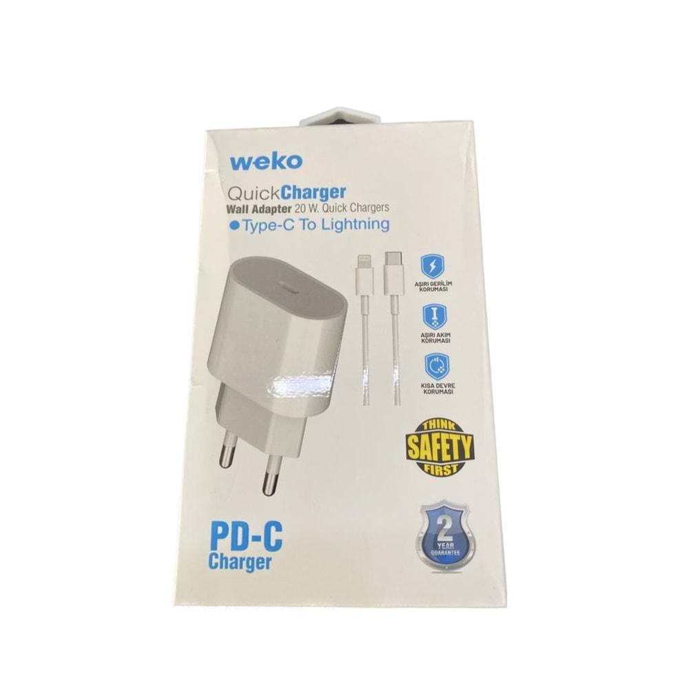 Weko WK-21443 PD-C 20 Watt TYPE-C Şarj Başlık Adaptörü + TYPE-C To Lightning Kablo