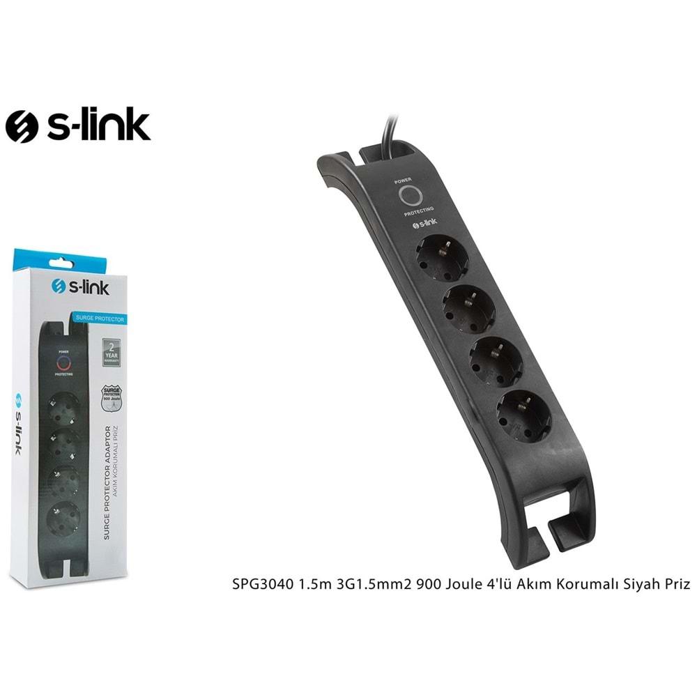 S-link SPG3040 2 Metre 3G 1.5mm2 900 Joule 4 Lü Akım Korumalı Siyah Priz