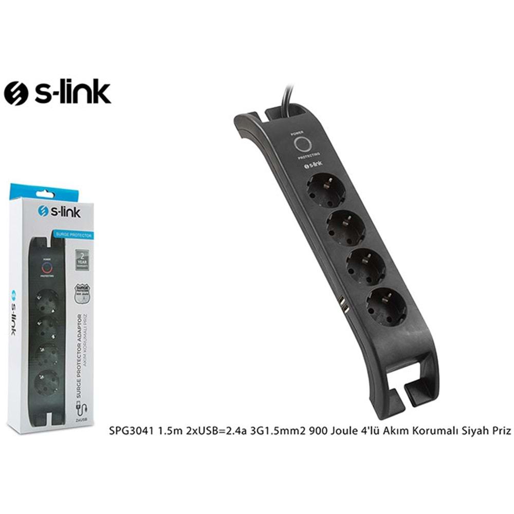 S-link SPG3041 2 Metre 2XUsb=2.4A 3G 1.5mm2 900 Joule 4 Lü Akım Korumalı Siyah Priz