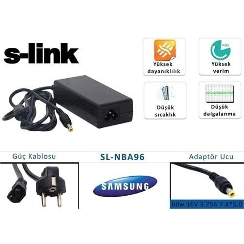 S-link SL-NBA96 60w 16V 3.75A 5.5*3.0 Samsung Notebook Standart Adaptör