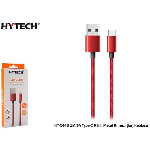 Hytech HY-X448 1 Metre 3A Type-C Kılıflı Metal Kırmızı Şarj Kablosu