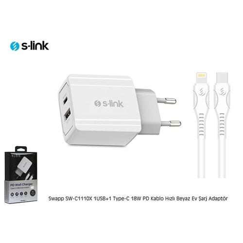 S-link Swapp SW-C1110X 1 Usb+1 Type-C 18W Pd Kablo Hızlı Beyaz Ev Şarj Adaptör