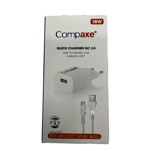 Compaxe CTA-150QCUM24B 18W 5V 3A/9V 2A/12V 1.5A QC Adaptör + 2.4A Usb To Micro Kablo Şarj Seti