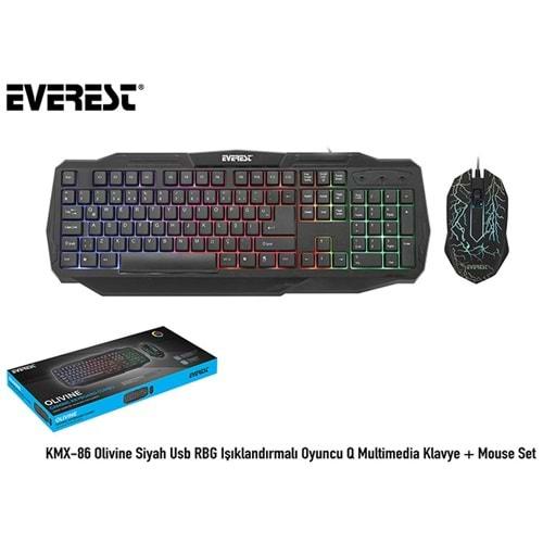 Everest KMX-86 Olivine Siyah Usb Gökkuşağı Zemin Aydınlatmalı Q Standart Klavye+Mouse Set